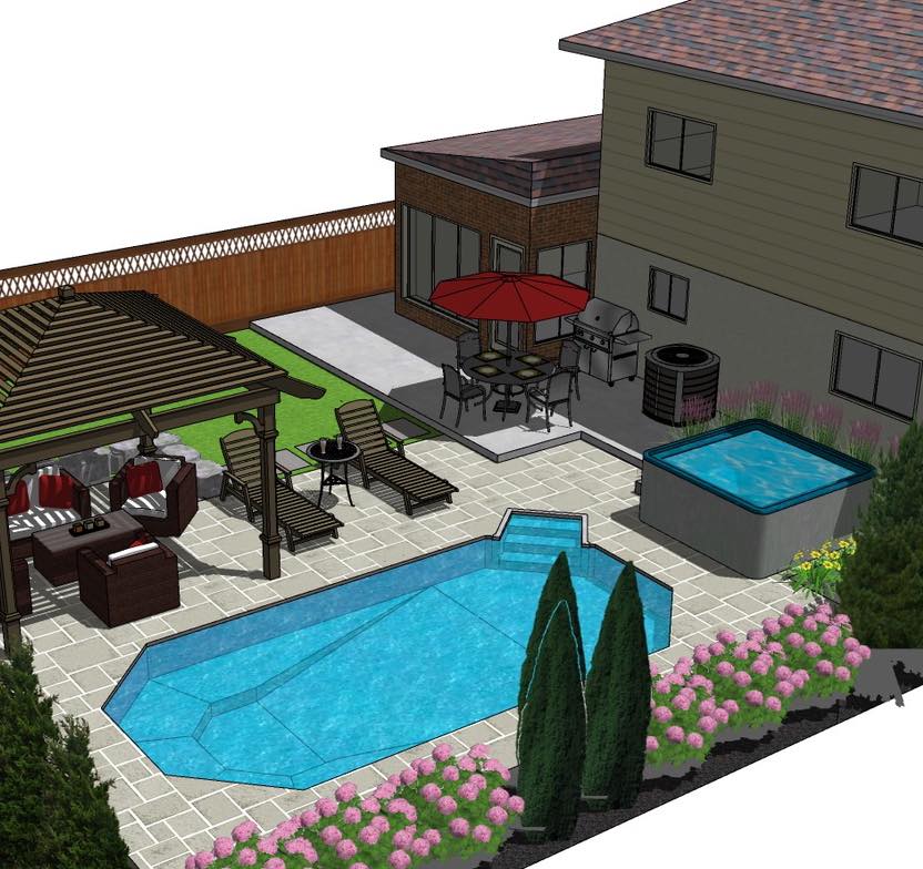 Backyard patio with pool, hot tub, gazebo