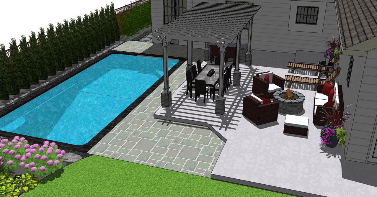 3D rendering of poolside pergola and seating