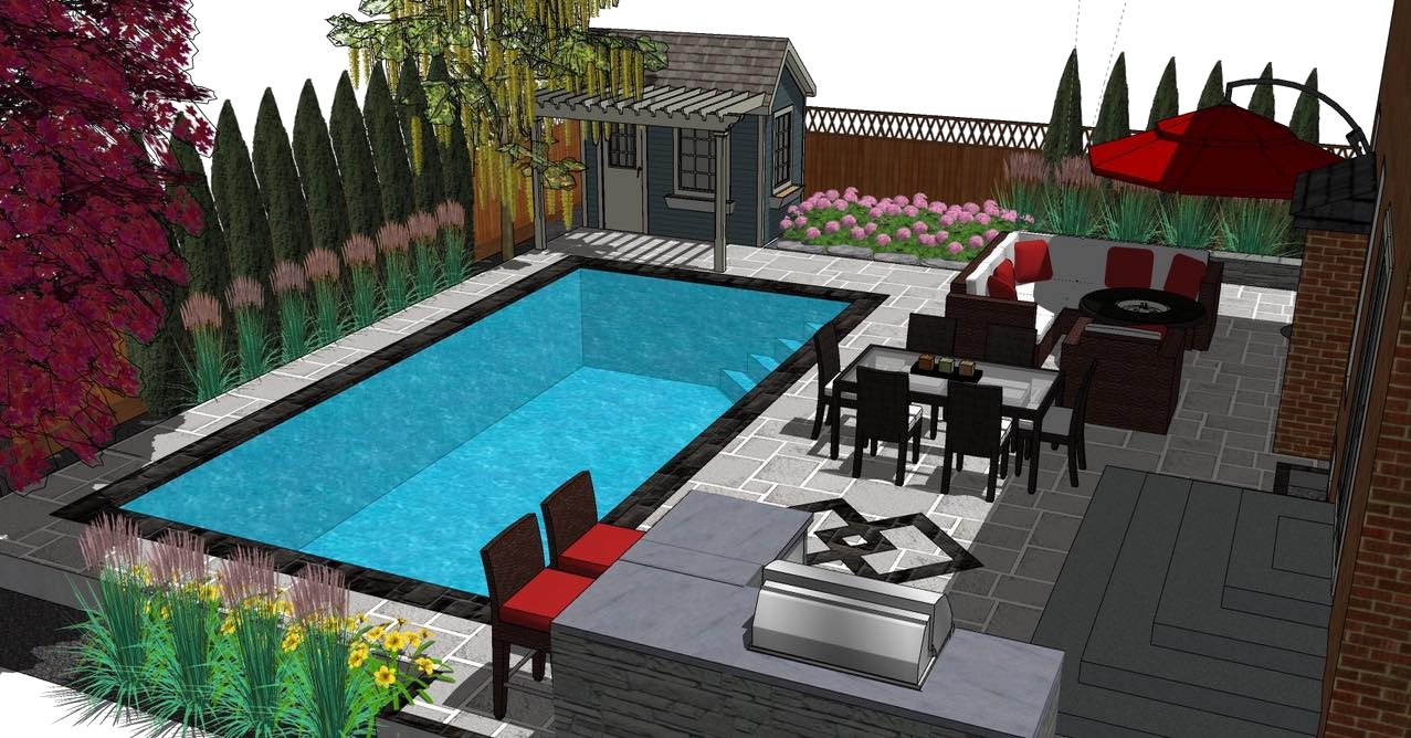 Backyard pool with patio seating and pergola