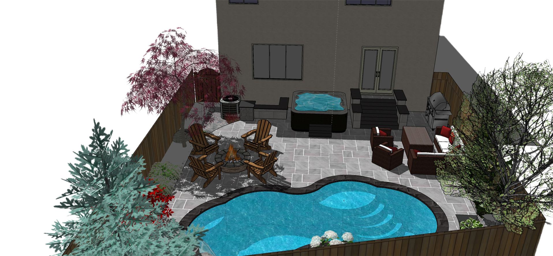 Backyard patio with pool, hot tub, fire pit